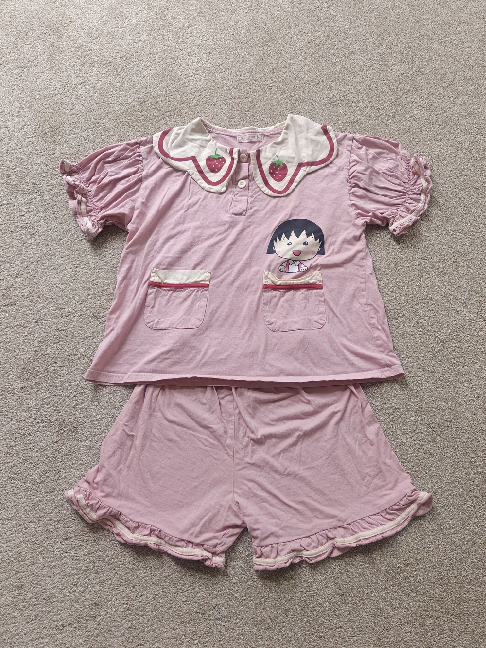 Girls Pink Strawberry Collar Pajama Set